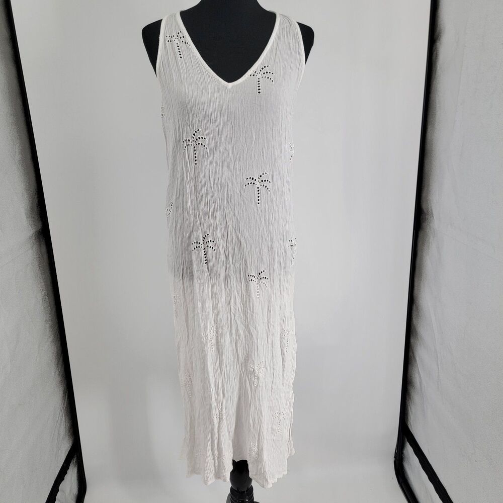 Blue Island XS White Palm Tree Cutwork Maxi Swim Cover Up Racerback Boho
